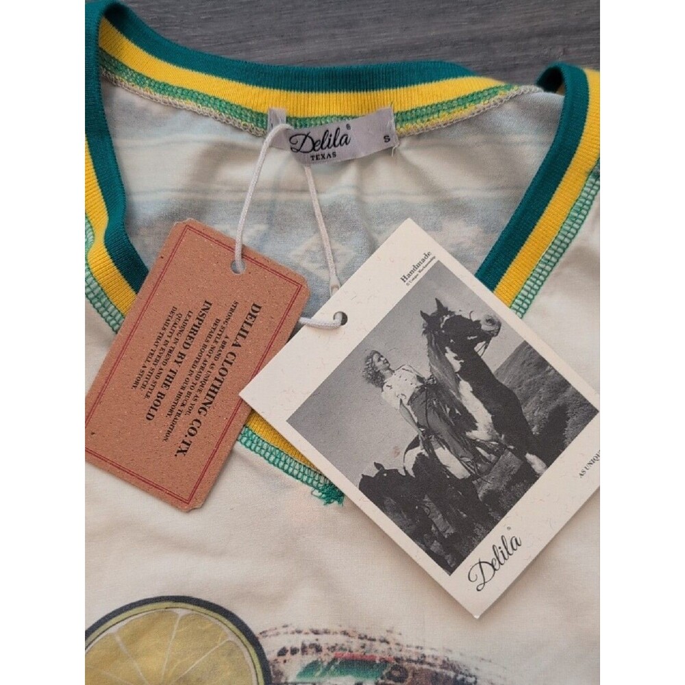 Delila Cream V‑Neck Salty Tee with Green and Yellow Trim - Picture 5 of 8